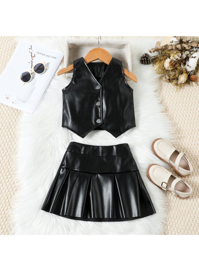 مجموعة بنات عصرية سوداء، سترة جلد صناعي برقبة V ذات زر واحد مع تنورة مجعدة من قطعتين