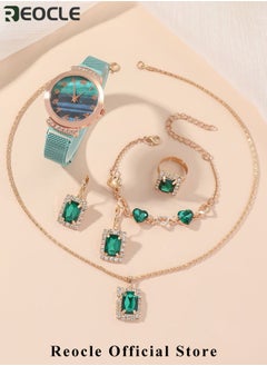 REOCLE Women's Watch Bracelet Jewelry Set with Diamond Watch & Bracelet & Emerald Necklace & Earrings & Rings Premium Crystal Accented Bangle Watch and Bracelet Set for Ladies  - Image 2