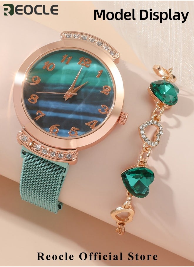 REOCLE - Women's Watch Bracelet Jewelry Set with Diamond Watch & Bracelet & Emerald Necklace & Earrings & Rings Premium Crystal Accented Bangle Watch and Bracelet Set for Ladies - Image 1