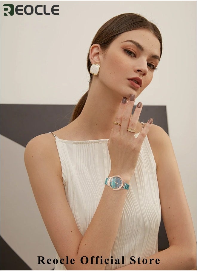 REOCLE - Women's Watch Bracelet Jewelry Set with Diamond Watch & Bracelet & Emerald Necklace & Earrings & Rings Premium Crystal Accented Bangle Watch and Bracelet Set for Ladies - Image 1