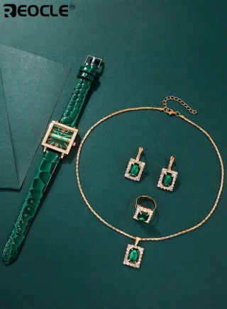 Women's Watch Jewelry Set with Diamond Watch & Emerald Necklace & Earrings & Rings Premium Crystal Accented Bangle Watch Set for Ladies - view 4