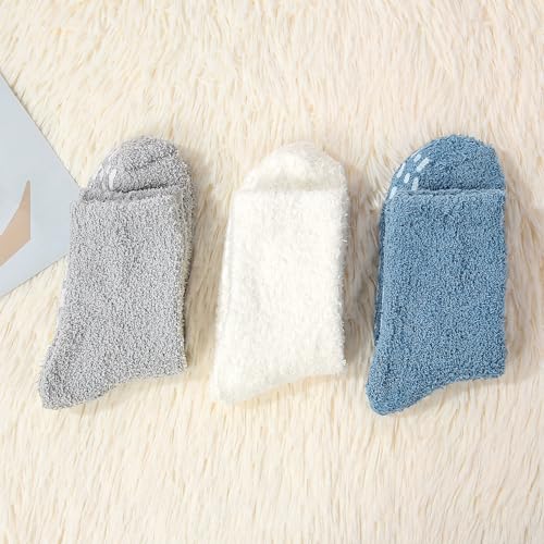 Zando Warm Fuzzy Socks with Grips Super Soft Grippy Hospital Socks -Gripper Slipper No Slip Anti Slip Non Skid Sock for Women Men Elderly for Home, Hospital, Yoga, Work H Blue/Gray/White - Image 3