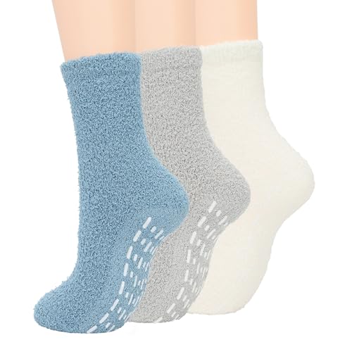 Zando Warm Fuzzy Socks with Grips Super Soft Grippy Hospital Socks -Gripper Slipper No Slip Anti Slip Non Skid Sock for Women Men Elderly for Home, Hospital, Yoga, Work H Blue/Gray/White - Image 1