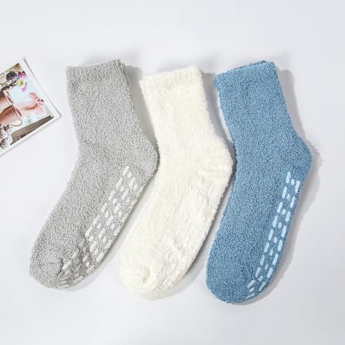 Zando Warm Fuzzy Socks with Grips Super Soft Grippy Hospital Socks -Gripper Slipper No Slip Anti Slip Non Skid Sock for Women Men Elderly for Home, Hospital, Yoga, Work H Blue/Gray/White - Image 2