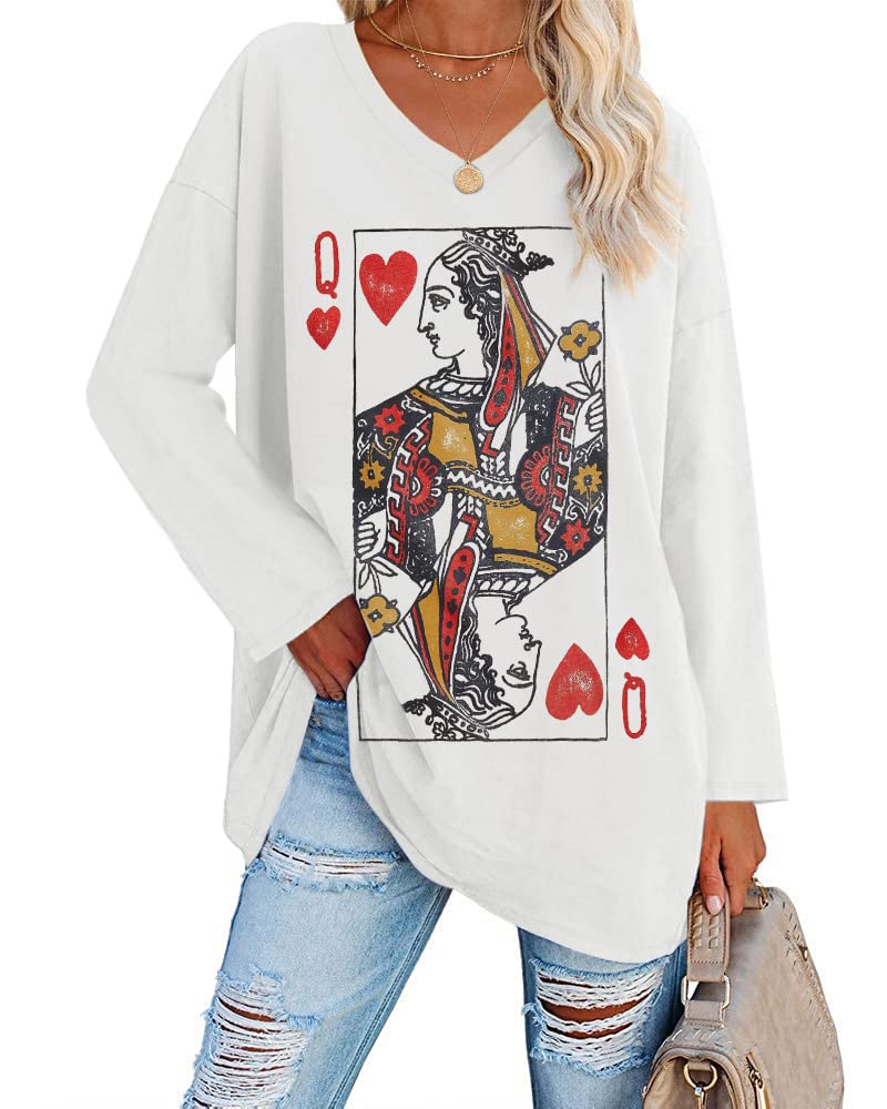 Fazortev Womens Oversized Long Sleeve Queen of Hearts Graphic T Shirts V Neck Casual Loose Fit Tees Tunic Tops White - Image 1