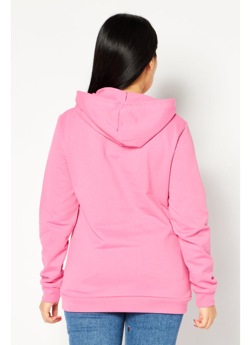 Love Moschino - Women Hooded Neck Rhinestone Sweatshirt, Pink - Image 1