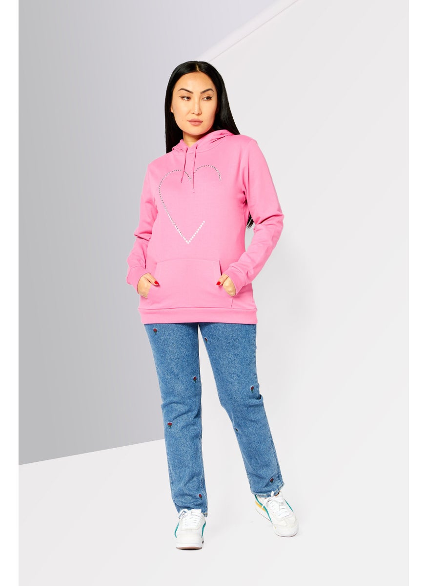 Love Moschino - Women Hooded Neck Rhinestone Sweatshirt, Pink - Image 1