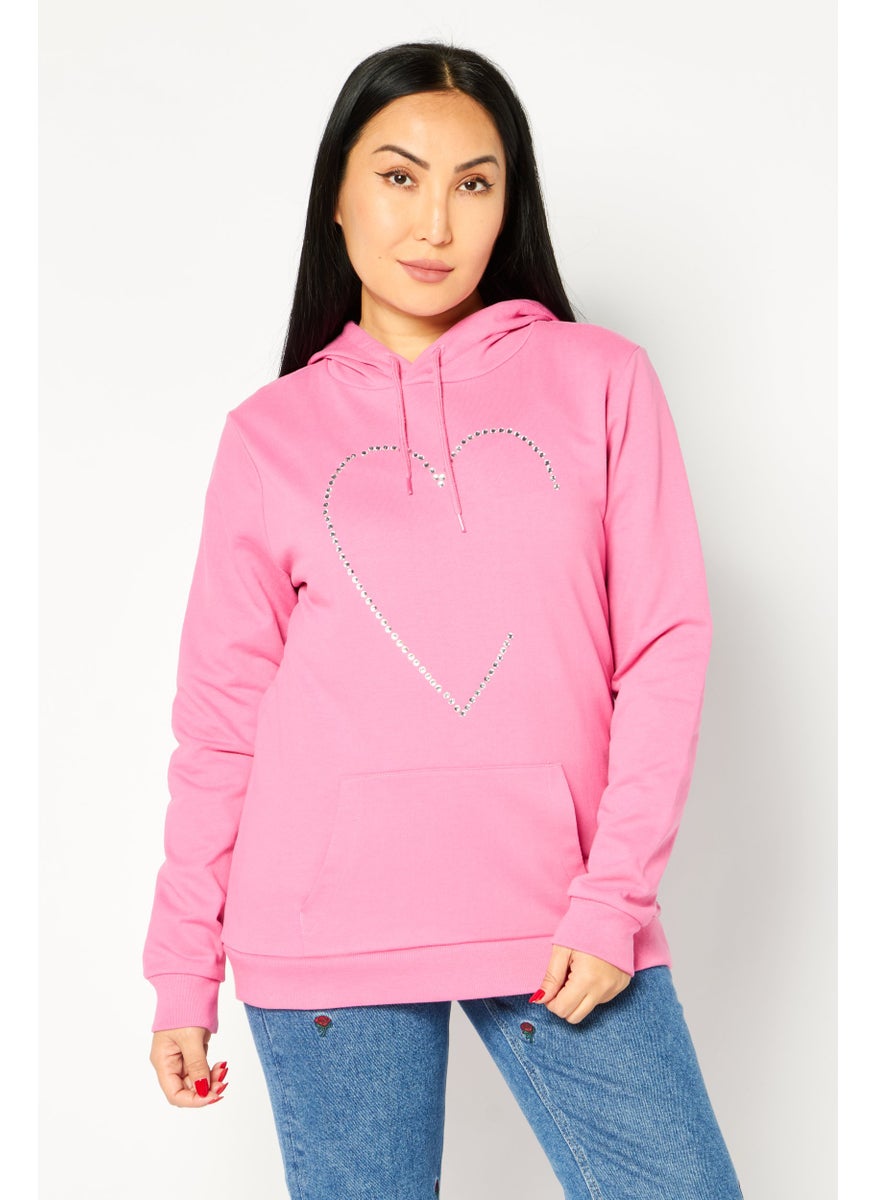 Love Moschino - Women Hooded Neck Rhinestone Sweatshirt, Pink - Image 1