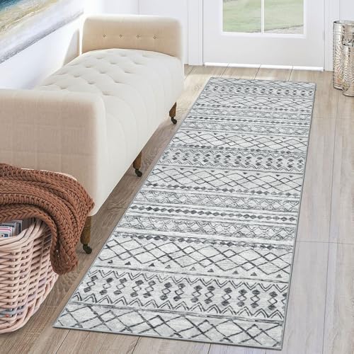KUTA Moroccan Washable Hallway Runner Rug, 2x6 Non-Slip Vintage Grey Boho Rugs Kitchen Runners Ultra Soft Distressed Geometric Floor Carpet for Bedroom Laundry Living Room - Image 1