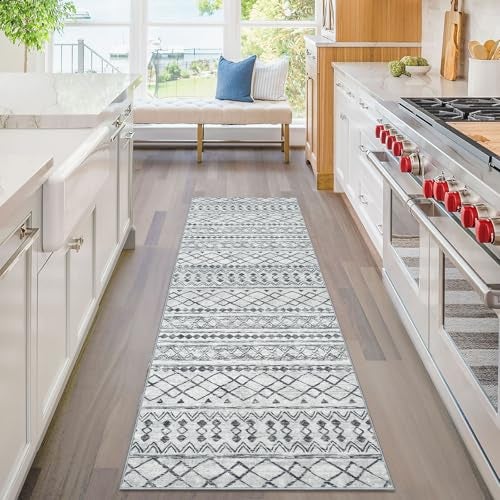 KUTA Moroccan Washable Hallway Runner Rug, 2x6 Non-Slip Vintage Grey Boho Rugs Kitchen Runners Ultra Soft Distressed Geometric Floor Carpet for Bedroom Laundry Living Room - Image 3