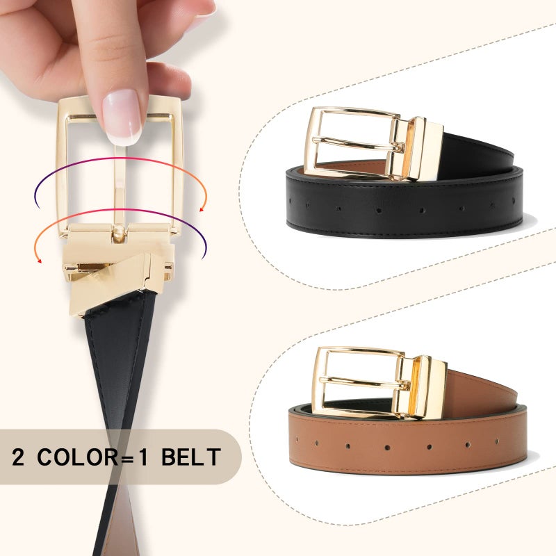 VONMELLI Reversible Belt for Women Women's Leather Belts for Jeans Pants Gold Buckle Fashion Ladies Dress Belt Trim to Fit Black Brown S - Image 2