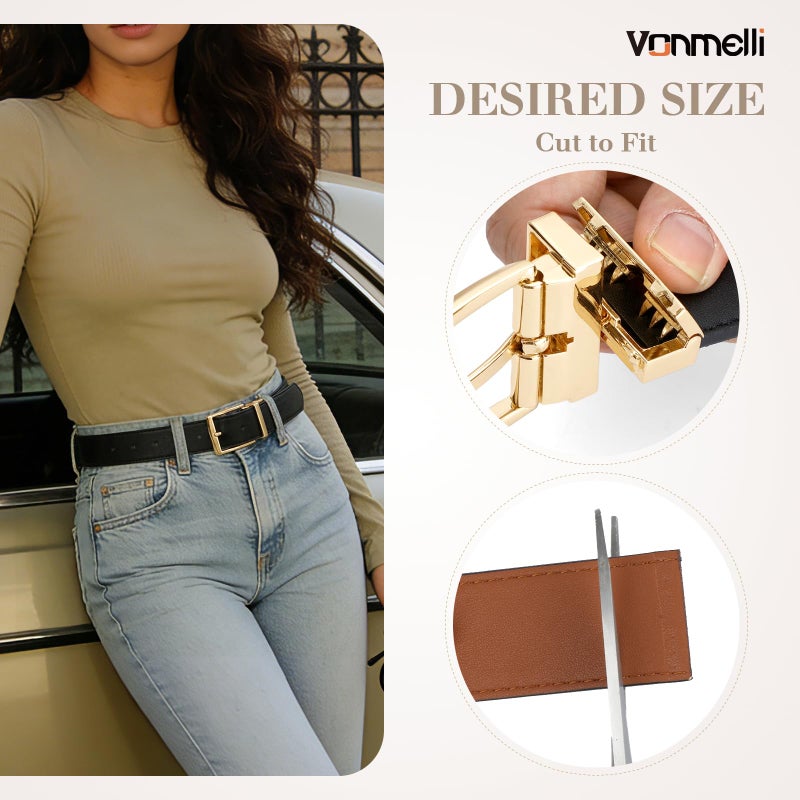 VONMELLI Reversible Belt for Women Women's Leather Belts for Jeans Pants Gold Buckle Fashion Ladies Dress Belt Trim to Fit Black Brown S - Image 3