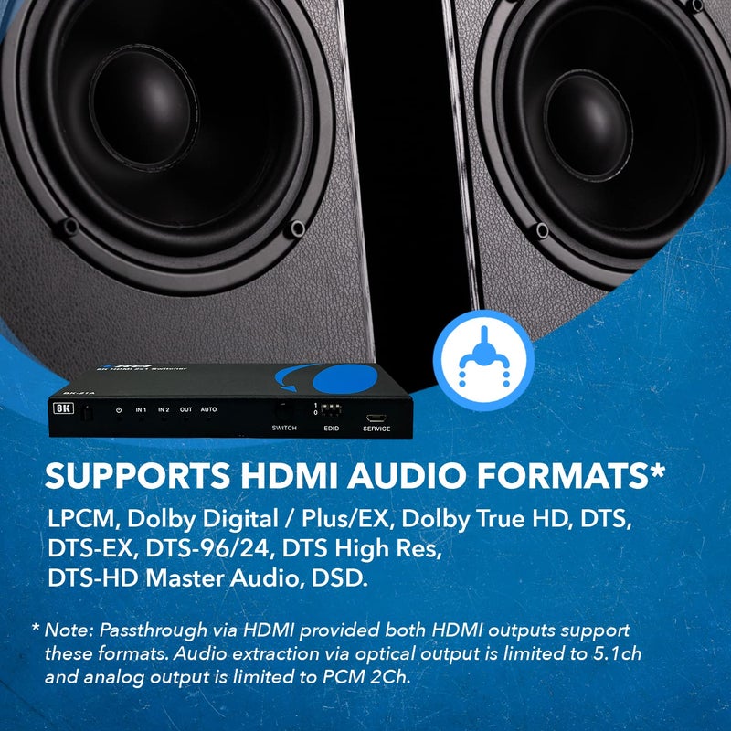 OREI 8K HDMI 2.1 Switch 4K@120hz Switcher 2 in 1 Out, with Audio Extraction 48Gbps Bandwidth, Ideal for Gaming and Streaming (BK-21A) - Image 4