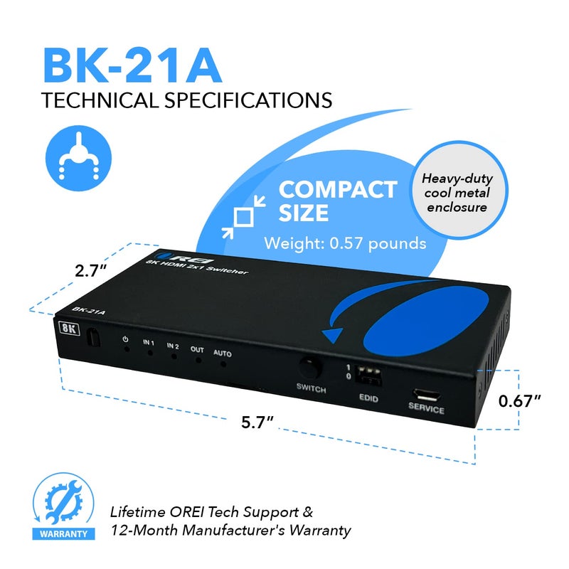 OREI 8K HDMI 2.1 Switch 4K@120hz Switcher 2 in 1 Out, with Audio Extraction 48Gbps Bandwidth, Ideal for Gaming and Streaming (BK-21A) - Image 5