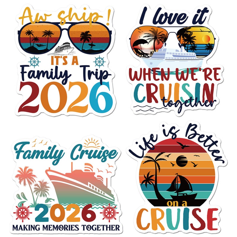 MENIFEND Family Cruise Door Decorations Magnetic, 4 Pcs Retro Family Trip 2026 Cruise Magnets, Nautical Vacation Ship Cabin Door Signs Fridge Magnets Decor - Image 1