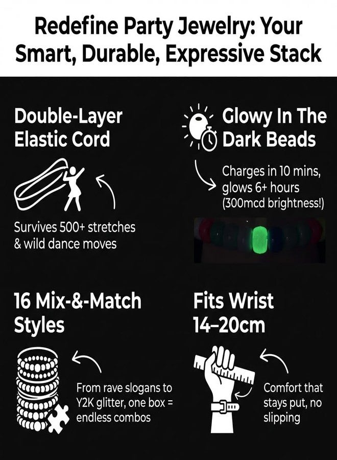 TheClover 16 Pcs Rave Bracelets Set - Glow in The Dark & Sound Activated Stretch Bracelets, Multi-Color Beaded Music Festival Gifts, Party Favors for Women Men - Image 2