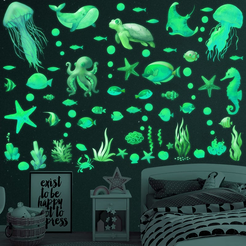 Ocean Fish Wall Decals glow in The Dark Under The Sea Wall Decals Vinyl Sea Life Wall Stickers Removable Waterproof Peel and Stick for Boys Kids Bathroom Watercolor Ocean creatures Decor (green)