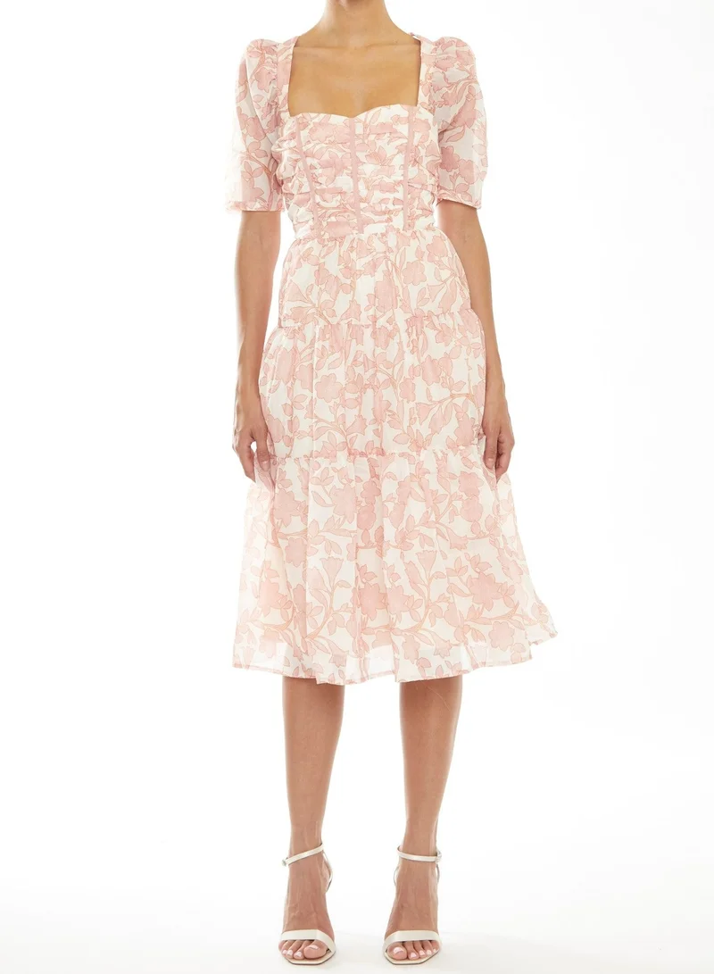 ترو ديكادينس Zara Cream-Pink Outline Flower Tiered Lace-up Back Midi-Dress
