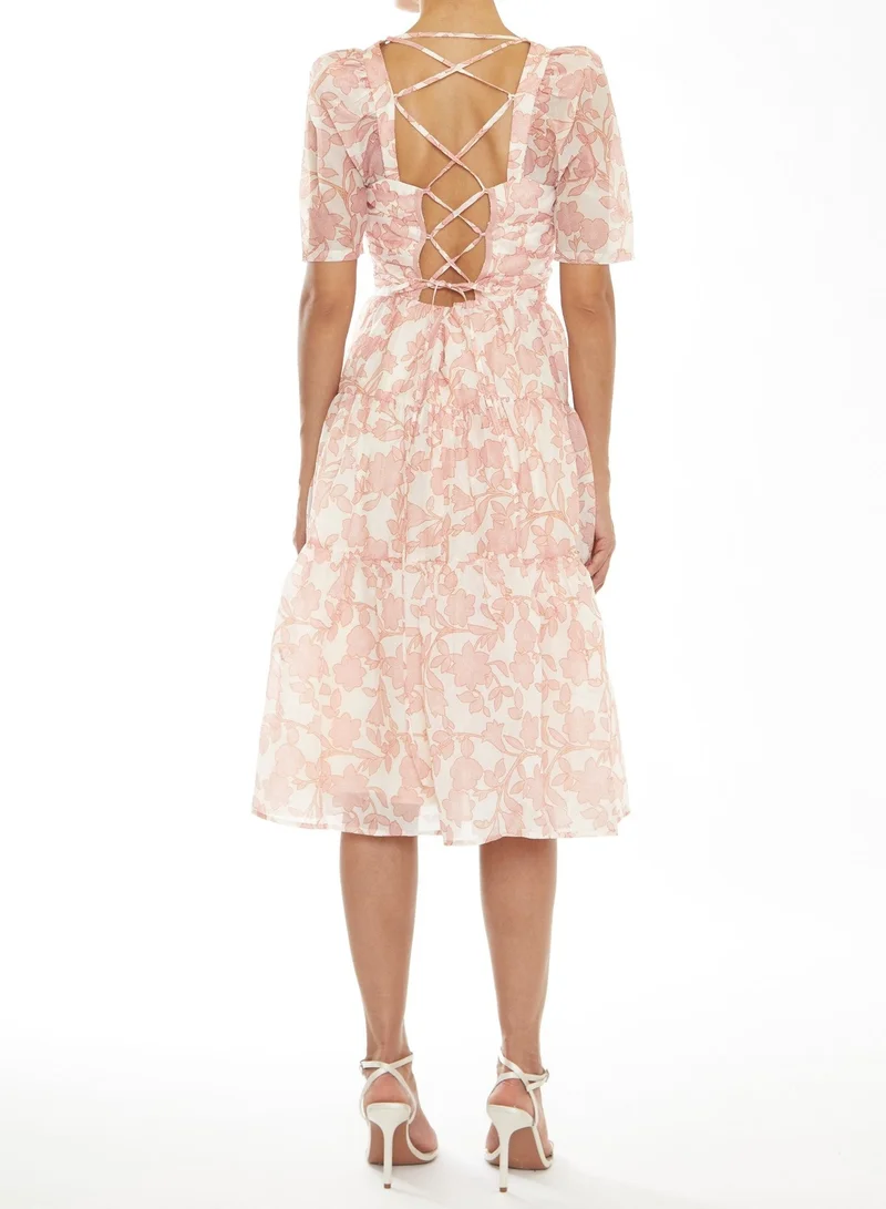 ترو ديكادينس Zara Cream-Pink Outline Flower Tiered Lace-up Back Midi-Dress