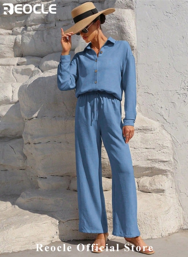 ريوكل طقم نسائي من قطعتين مصنوع من القطن والكتان ملابس رجعية مريحة وقابلة للتنفس قميص بأزرار وأكمام طويلة مع سروال واسع الأرجل بخصر مرتفع - Image 4