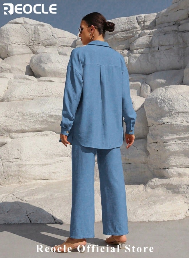 ريوكل طقم نسائي من قطعتين مصنوع من القطن والكتان ملابس رجعية مريحة وقابلة للتنفس قميص بأزرار وأكمام طويلة مع سروال واسع الأرجل بخصر مرتفع - Image 3