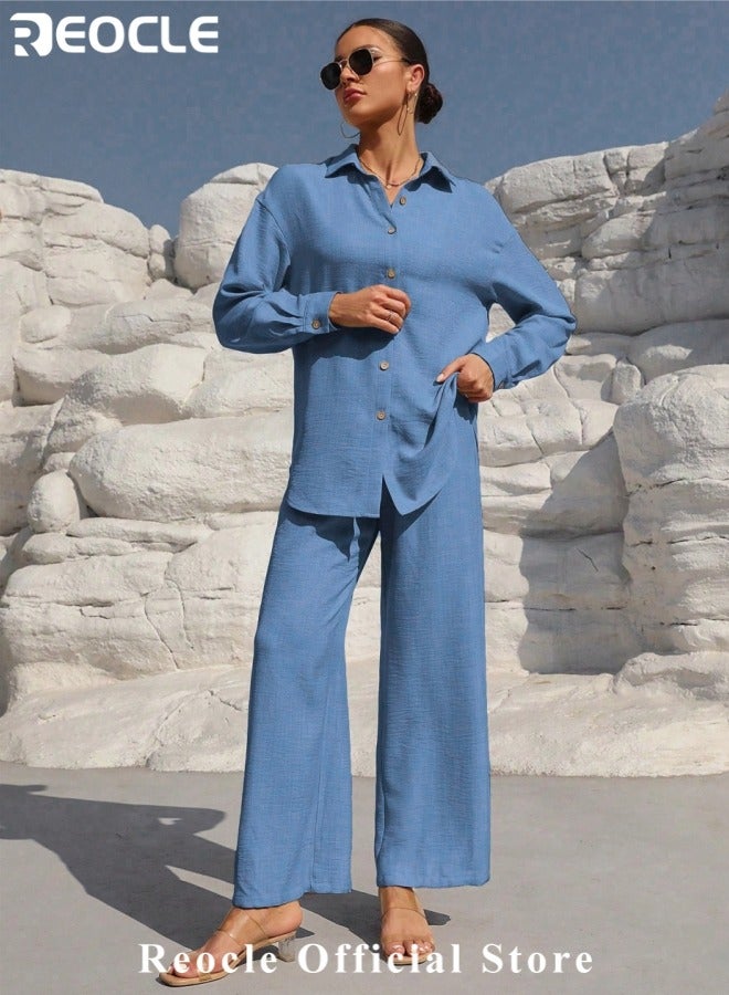 ريوكل طقم نسائي من قطعتين مصنوع من القطن والكتان ملابس رجعية مريحة وقابلة للتنفس قميص بأزرار وأكمام طويلة مع سروال واسع الأرجل بخصر مرتفع - Image 2