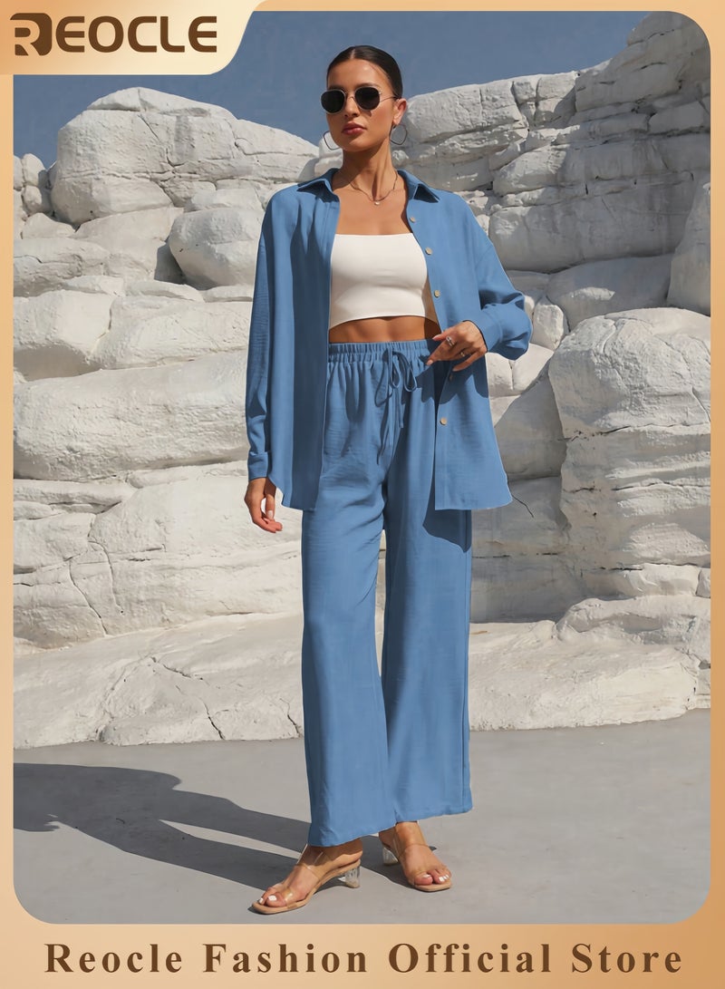 ريوكل طقم نسائي من قطعتين مصنوع من القطن والكتان ملابس رجعية مريحة وقابلة للتنفس قميص بأزرار وأكمام طويلة مع سروال واسع الأرجل بخصر مرتفع - Image 1