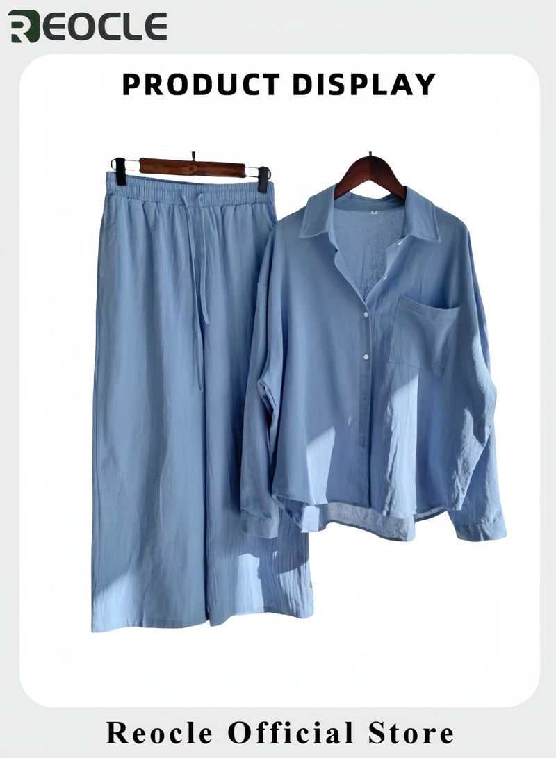 ريوكل طقم نسائي من قطعتين مصنوع من القطن والكتان ملابس رجعية مريحة وقابلة للتنفس قميص بأزرار وأكمام طويلة مع سروال واسع الأرجل بخصر مرتفع - Image 5