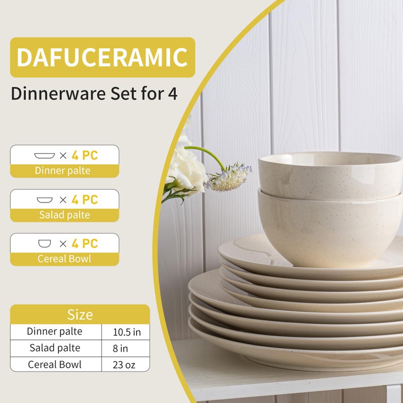 Dafuceramic Plates and Bowls Sets, 12 Pieces Modern Stoneware Dinnerware Set for 4 Kitchen Dinner Set Ceramic Dishware Dishes Set Microwave and Dishwasher Safe (White) - Image 2