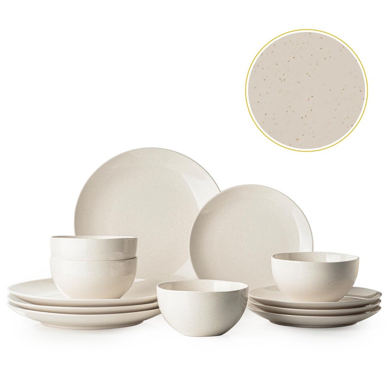 Dafuceramic Plates and Bowls Sets, 12 Pieces Modern Stoneware Dinnerware Set for 4 Kitchen Dinner Set Ceramic Dishware Dishes Set Microwave and Dishwasher Safe (White) - Image 1