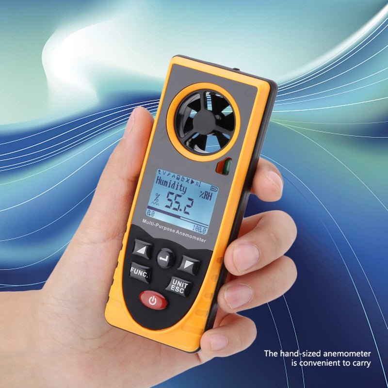 مقياس تدفق الهواء الرقمي، مقياس شدة الرياح، شاشة LCD لعرض سرعة الرياح ودرجة الحرارة والرطوبة وقياس CFM - Image 5