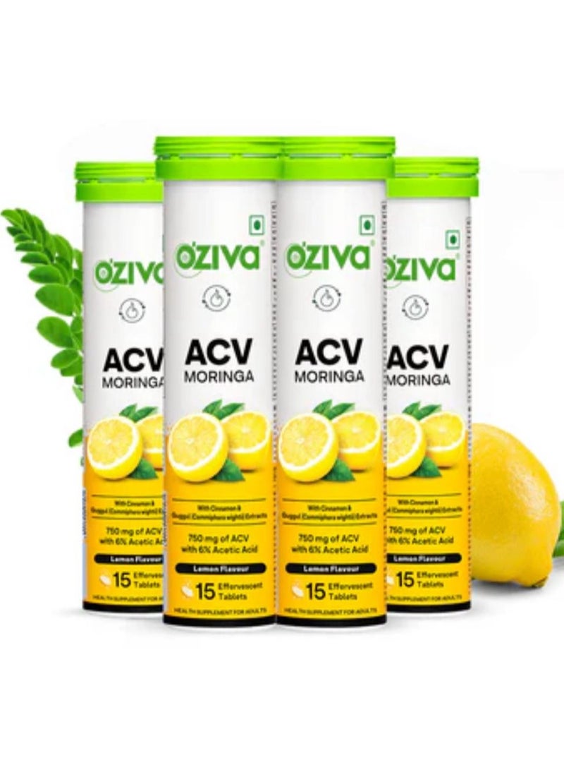 OZiva ACV Moringa Control Cravings Apple Cider Vinegar Cinnamon Guggul No Maltodextrin No Added Sugar 15 Effervescent Tablets Lemon Masala Pack of 4 60 Tablets - Image 1