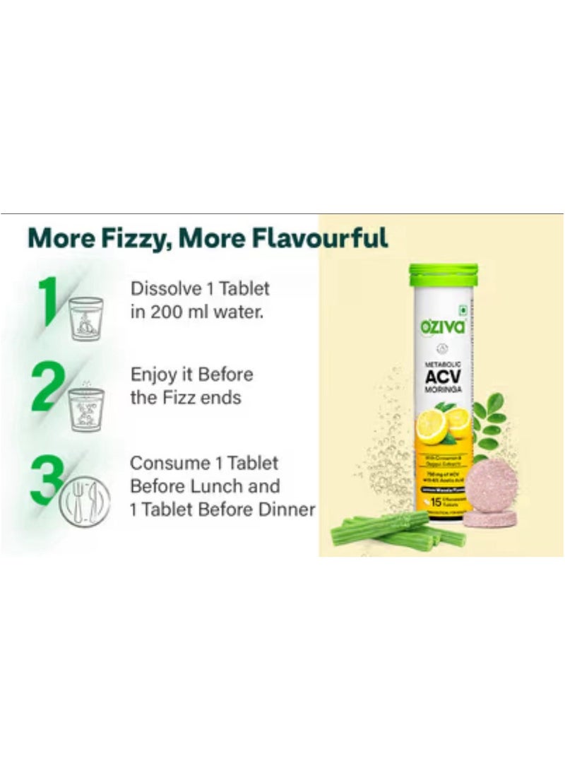 OZiva ACV Moringa Control Cravings Apple Cider Vinegar Cinnamon Guggul No Maltodextrin No Added Sugar 15 Effervescent Tablets Lemon Masala Pack of 4 60 Tablets - Image 3