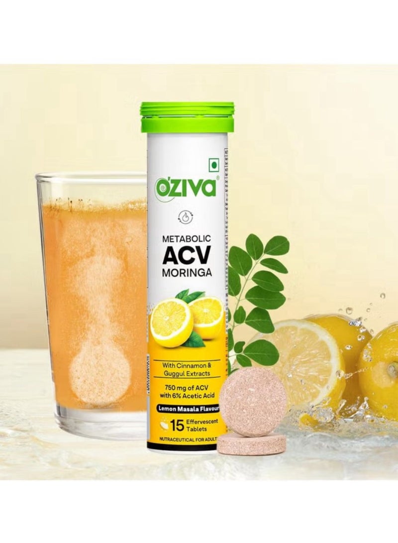 OZiva ACV Moringa Control Cravings Apple Cider Vinegar Cinnamon Guggul No Maltodextrin No Added Sugar 15 Effervescent Tablets Lemon Masala Pack of 4 60 Tablets - Image 5