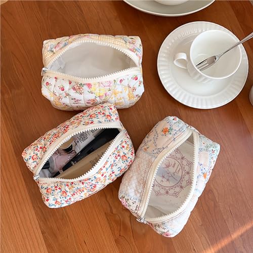 Sminra 2 Pieces Floral Makeup Bag, Cute Travel Quilted Pouch Cosmetic Bag Organizer, Small Cotton Coquette Aesthetic Purse Toiletry Bag for Women Girls accessories (Blue Flower-2PCS) - Image 4