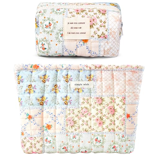 Sminra 2 Pieces Floral Makeup Bag, Cute Travel Quilted Pouch Cosmetic Bag Organizer, Small Cotton Coquette Aesthetic Purse Toiletry Bag for Women Girls accessories (Blue Flower-2PCS) - Image 1
