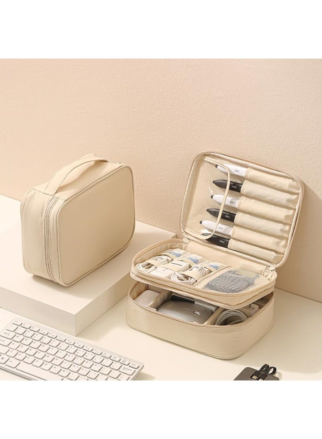 Arabest Travel Cable Organizer Case, Double Layer Electronics Organizer Bag, Portable Tech Accessories Storage for Cords, Chargers, USB, Travel Essentials (Beige) - Image 1