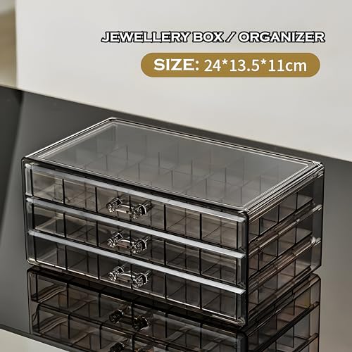ELEVEN RINGS Jewellery Box Organisers For Women With 3 Drawers Each With 24 Grid For Keeping Earing, Rings, Necklace etc | Acrylic Earrings Organizer Box For Women (Transparent). (Black) - Image 4