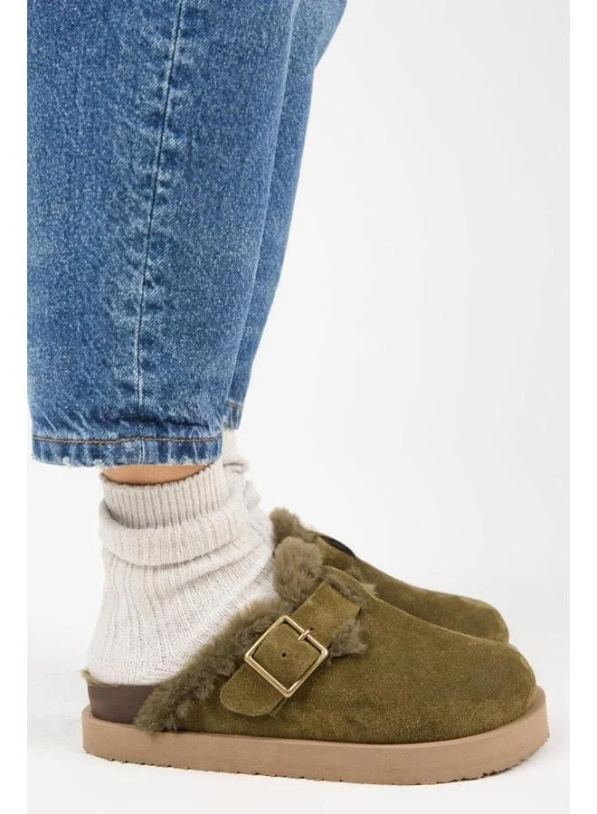 (Zeta 2 Feathered Platform) Women's Real Leather Belted Buckle Sabo Khaki Slippers.