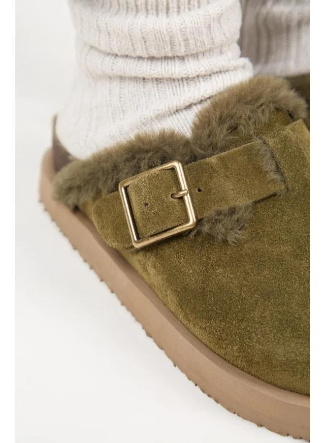 Manijero  (Zeta 2 Feathered Platform) Women's Real Leather Belted Buckle Sabo Khaki Slippers. for Women | Best Price UAE