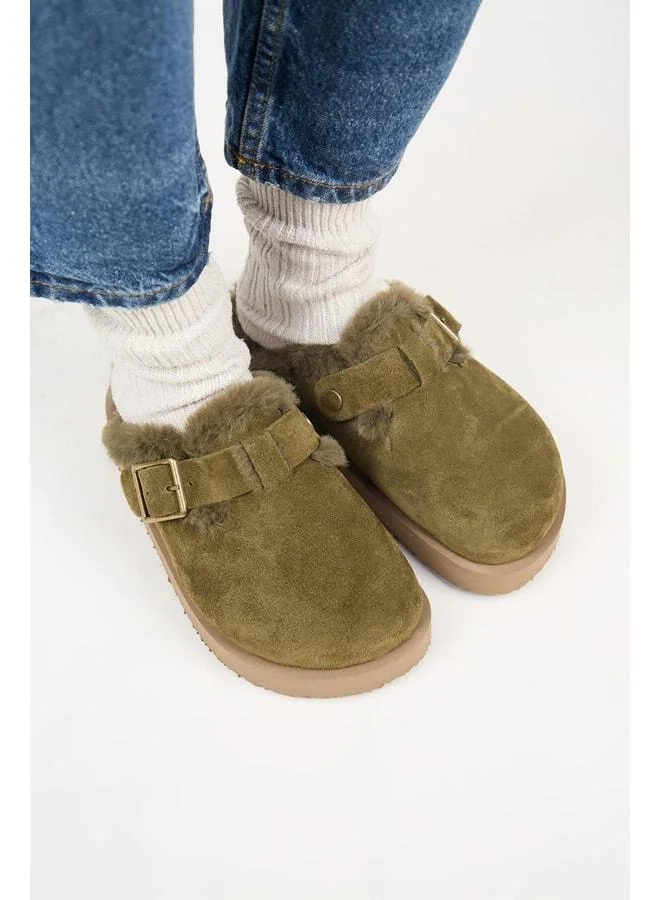 Manijero  (Zeta 2 Feathered Platform) Women's Real Leather Belted Buckle Sabo Khaki Slippers. for Women | Best Price UAE