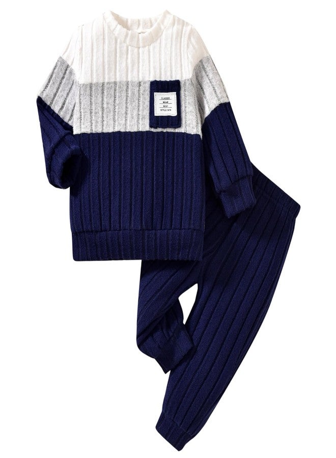 Giraropa Toddler Baby Boy Clothes Patchwork Pullover 2Pcs Pants Set Long Sleeve Sweater Sweatsuit Cute Fall Winter Outfits (Blue, 2-3T) - Image 1