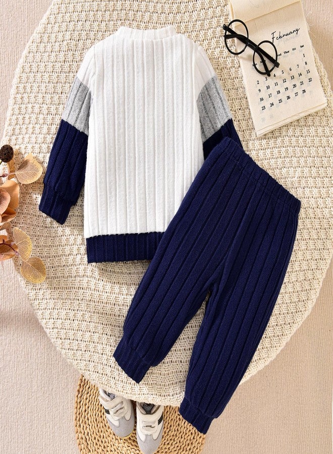 Giraropa Toddler Baby Boy Clothes Patchwork Pullover 2Pcs Pants Set Long Sleeve Sweater Sweatsuit Cute Fall Winter Outfits (Blue, 2-3T) - Image 3