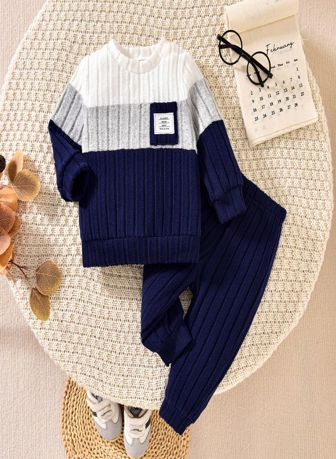 Giraropa Toddler Baby Boy Clothes Patchwork Pullover 2Pcs Pants Set Long Sleeve Sweater Sweatsuit Cute Fall Winter Outfits (Blue, 2-3T) - Image 2