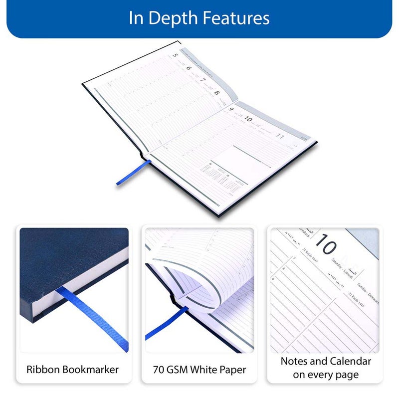 FIS 2026 Executive Diary, 210x260mm, 1 Side Padded Vinyl Cover, 1 Week at a Glance Format, Arabic/English/French, 70gsm White Paper, Blue Cover-FSDI34AE26BL - Image 5