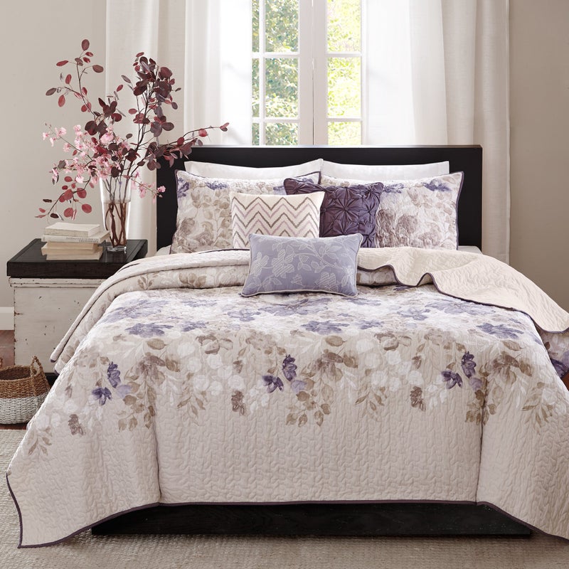 Madison Park Luna Quilt Modern Classic Design All Season Breathable Coverlet Lightweight Bedding Set Matching Shams Decorative Pillow FullQueen90x90 Floral Taupe 6 Piece
