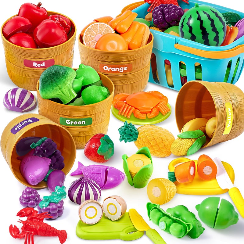 JOYIN Learning Toys Play Food Set for Toddlers, Cutting Food for Preschool Activities, Pretend Play Kitchen Accessories for Kids, Color Sorting Set for Boys & Girls, Daycare Educational Toy - Image 1