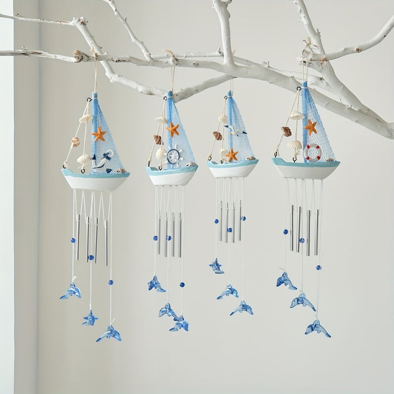 1pc Large Mediterranean Moor Small Boat Wind Chime Wooden Sailboat Pendant Hanging Ornament Wall Decor Holiday Gift - Image 2