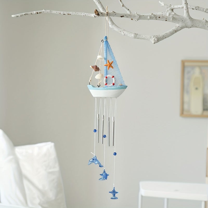 1pc Large Mediterranean Moor Small Boat Wind Chime Wooden Sailboat Pendant Hanging Ornament Wall Decor Holiday Gift - Image 3
