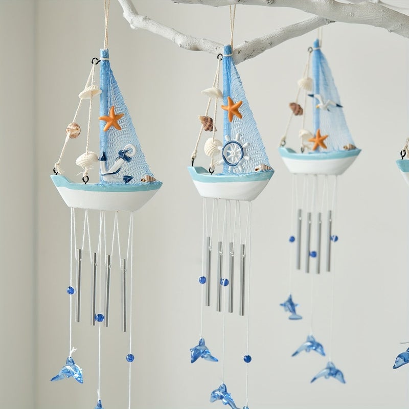 1pc Large Mediterranean Moor Small Boat Wind Chime Wooden Sailboat Pendant Hanging Ornament Wall Decor Holiday Gift - Image 4